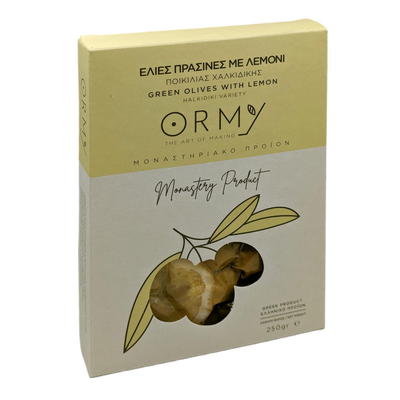 ORMYLIA Kloster Grekiska Gröna Halkidiki- Oliver med Citron 250 g